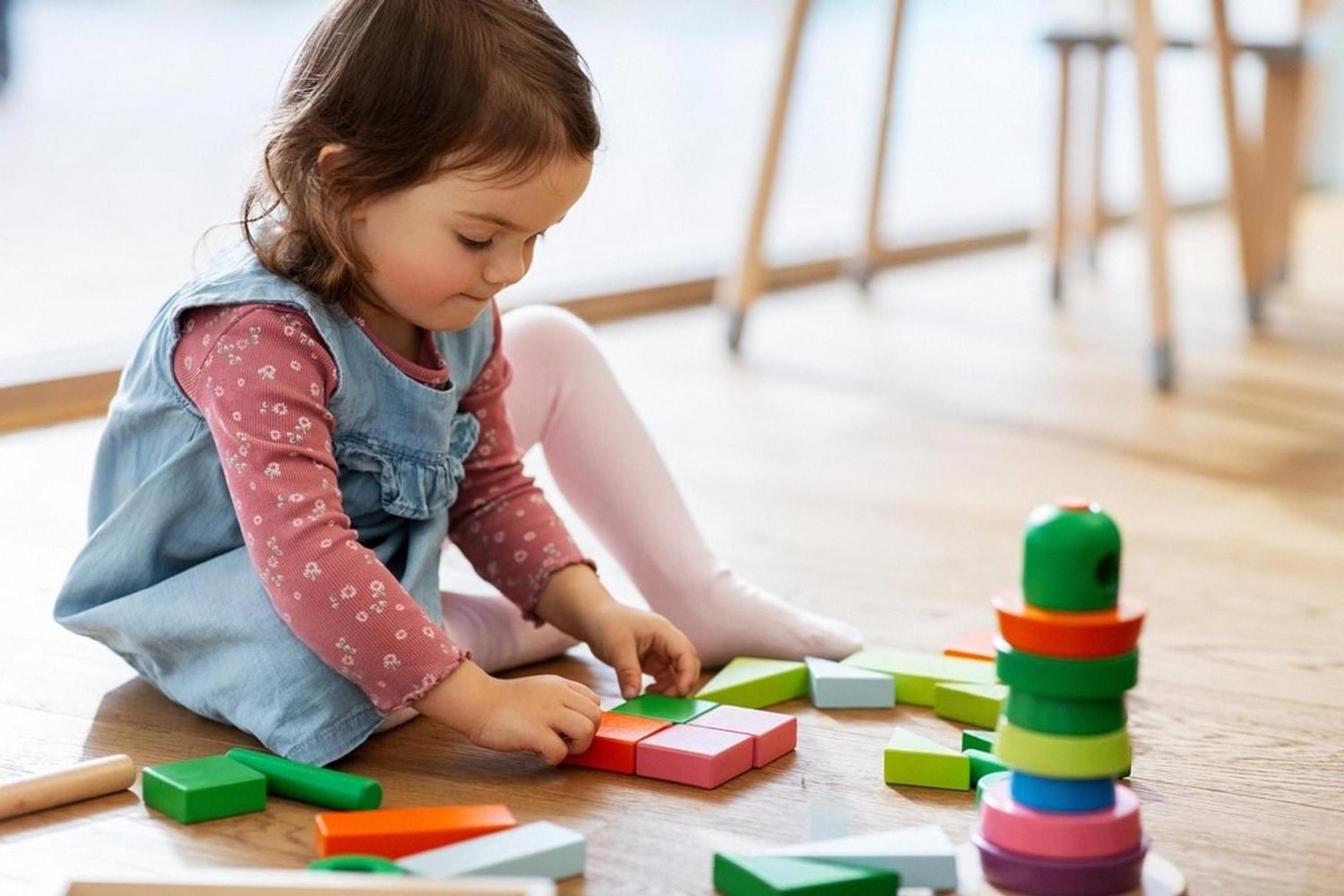 Toddler girl stacking wooden blocks on the floor during indoor play at home